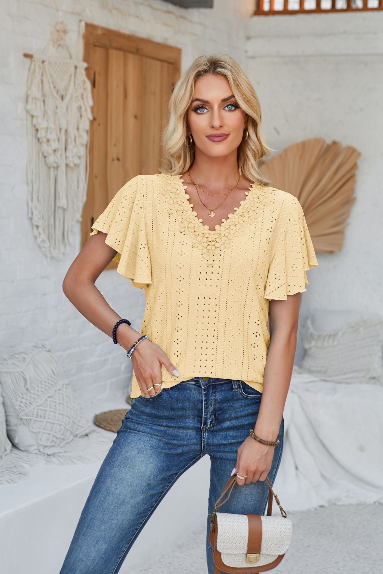 Women's Lace Ruffle Solid Color Loose T-shirt Blouses