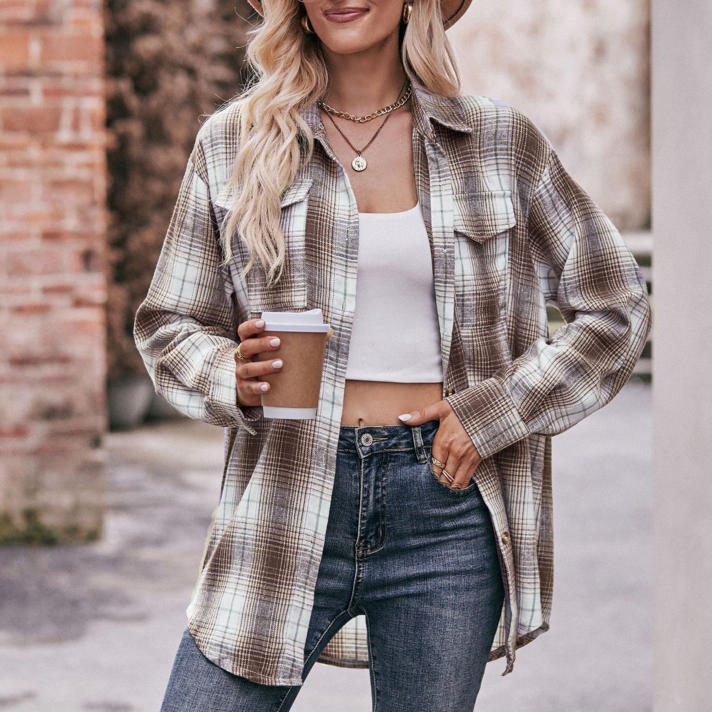 Women's Casual Fashion Loose Plaid Shirt Blouses