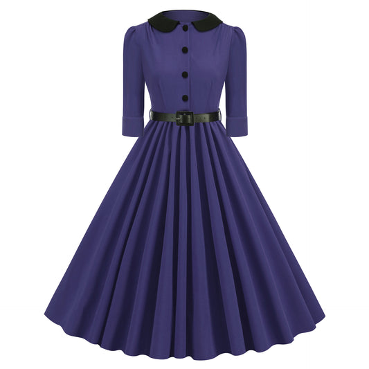 Women's Retro Dress Half Sleeve Doll Collar Slimming Hepburn Dresses