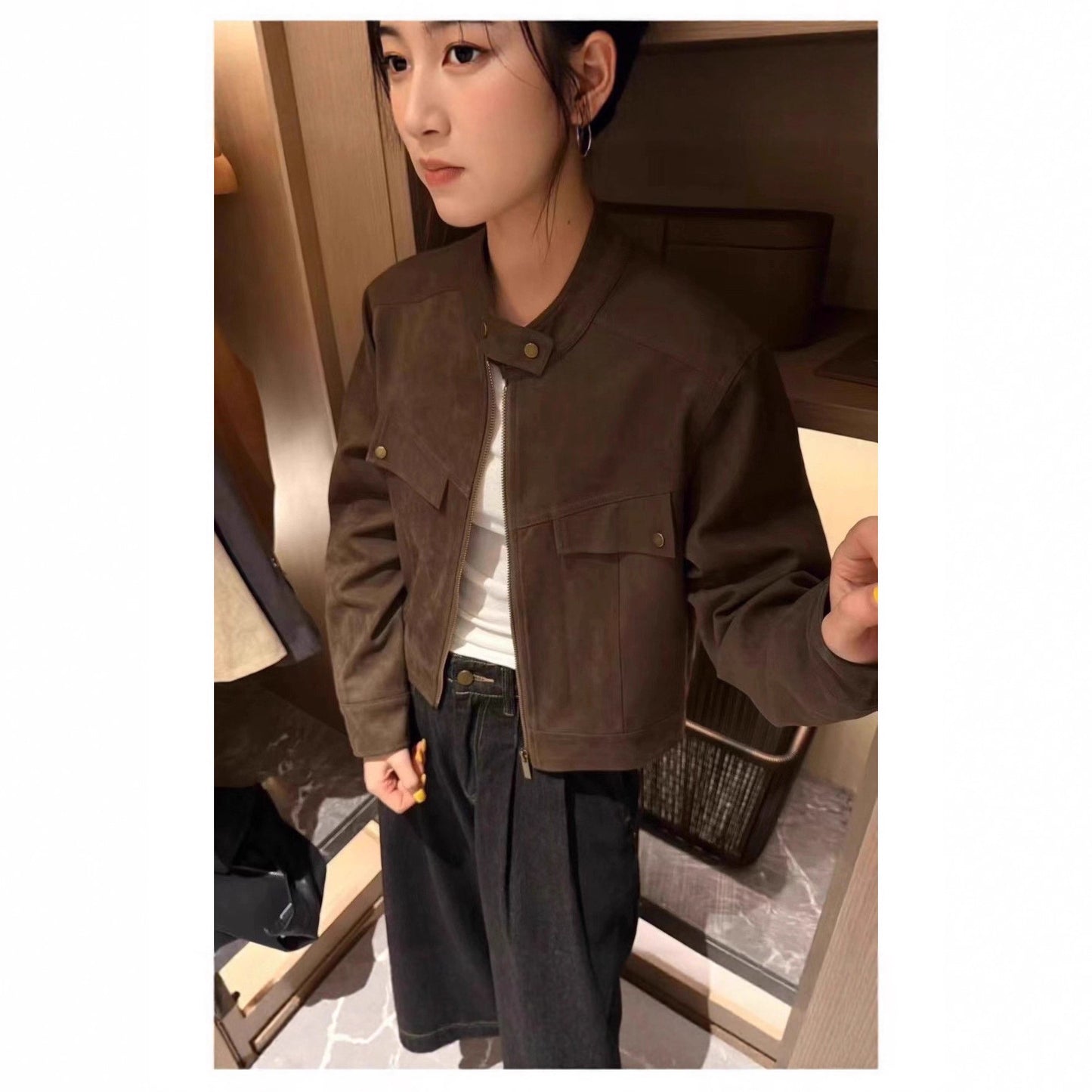 Women's Retro Stand Collar Suede Autumn Fashion Shorts