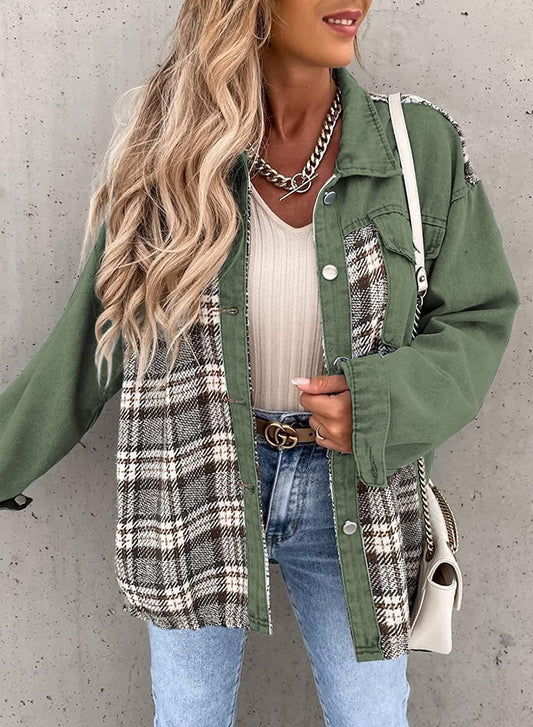 Denim Long Sleeve Plaid Button-down Shirt Jackets