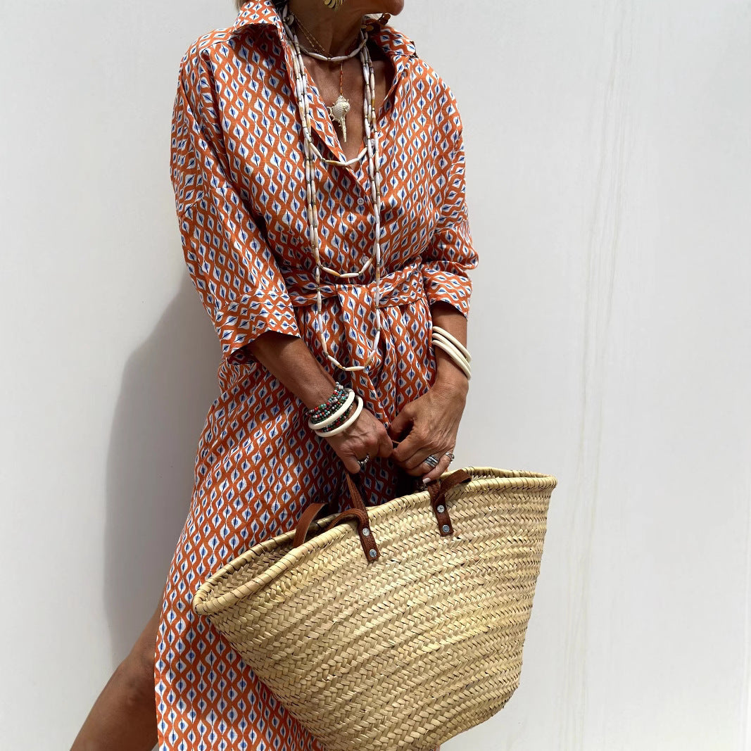 Women's Half Sleeve Striped Lapel Shirt Dress