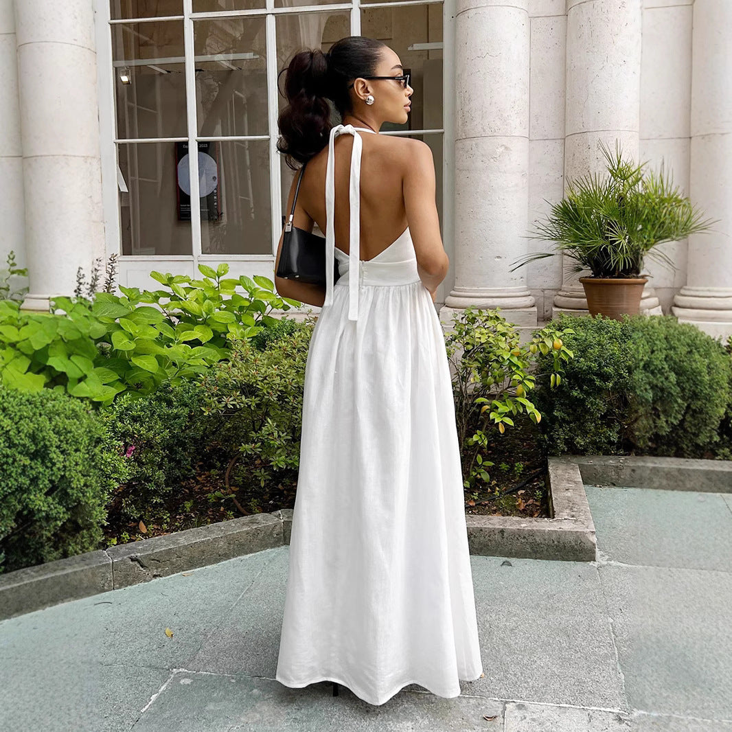 Women's Temperament Pure Color Backless Large Hem Dress