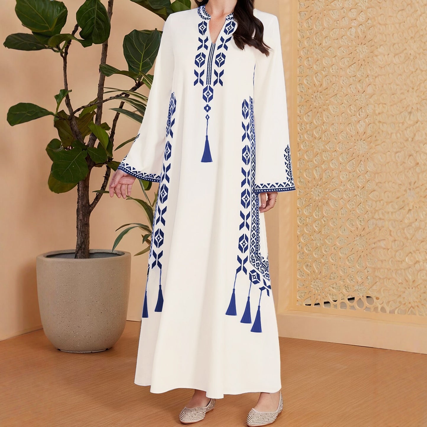 Women's Ethnic Embroidered Robe Loose-fitting Long Sleeves A- Line Dress