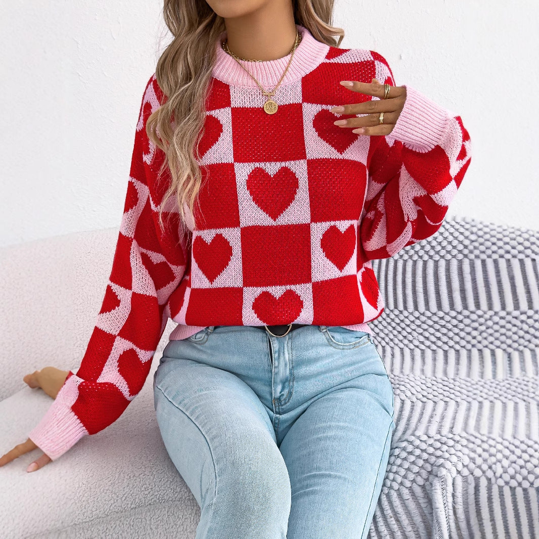 Women's Check Love Lantern Sleeve Pullover Valentine's Sweater