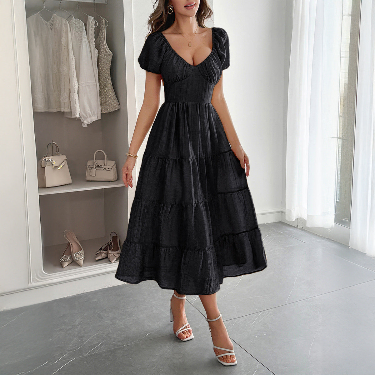 Women's Casual Vacation Style Puff Sleeve Maxi Dress