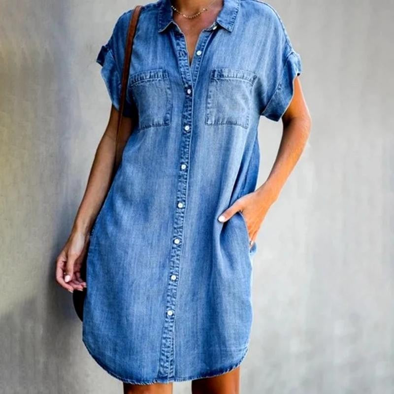 Women's Lapel Sleeve Slim Dress Denim Shirt Dresses