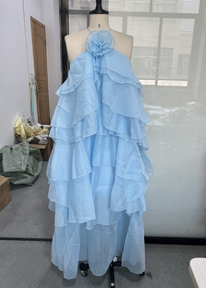 Women's Vacation Style Three-dimensional Flowers Halter Backless Ruffled Dresses