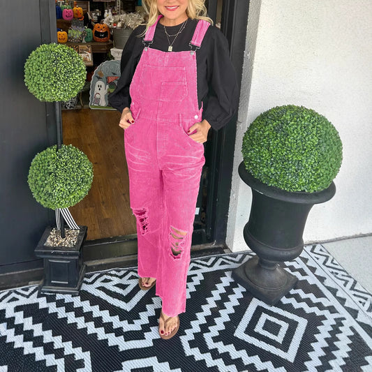 Women's Solid Color Corduroy Button Pocket Ripped Suits