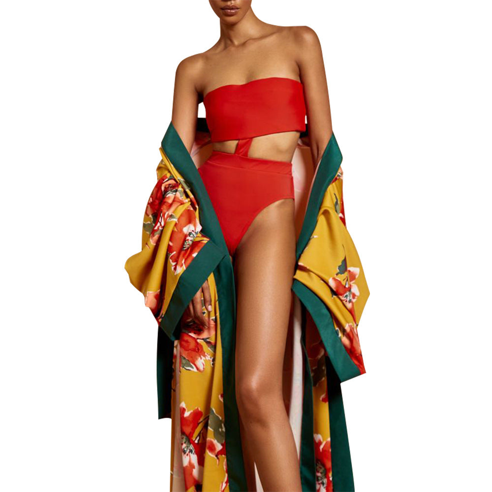 Women's Straight Hair Kimono Print Trench Coats