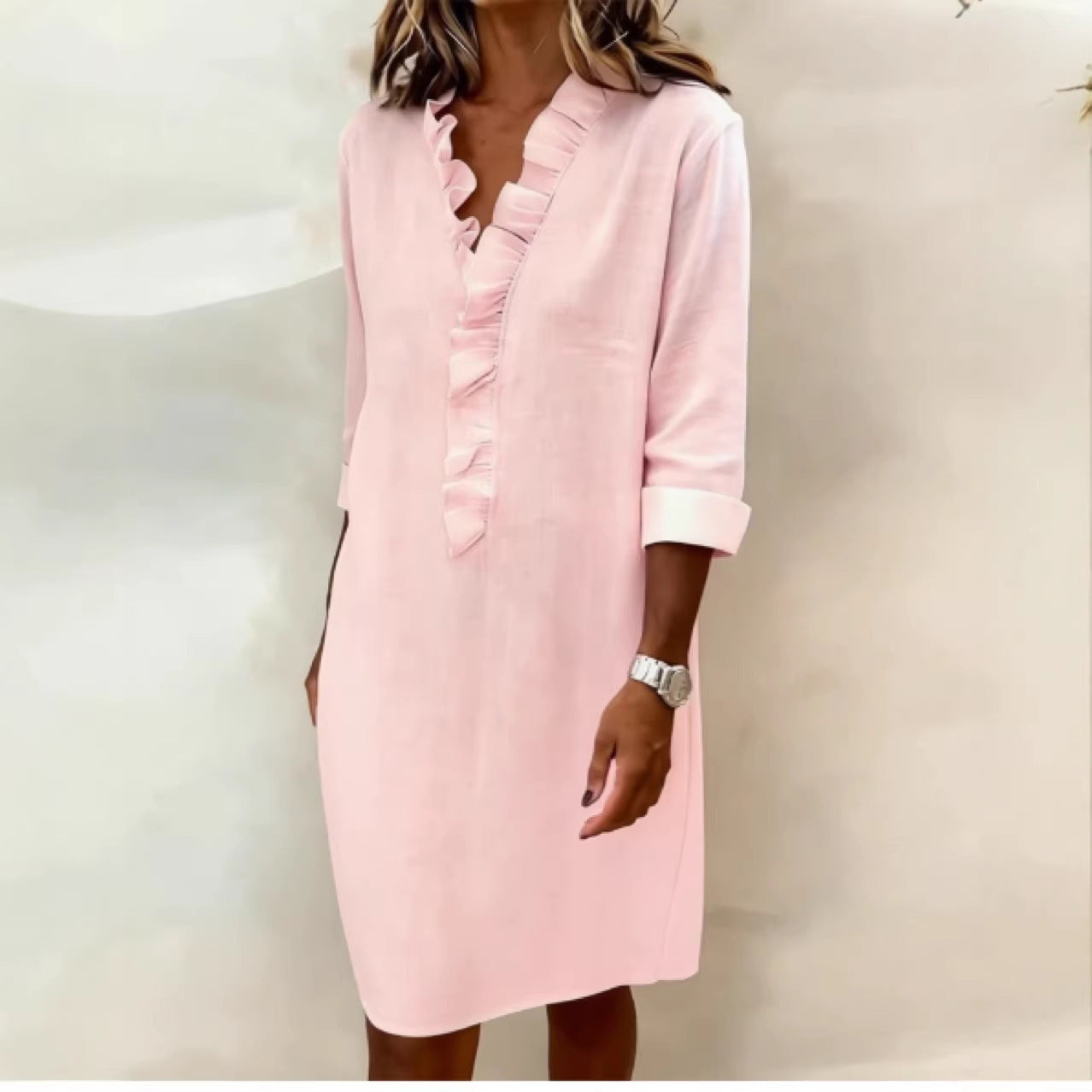 Women's Slimming Wooden Ear Long Sleeve Cotton Linen Dress
