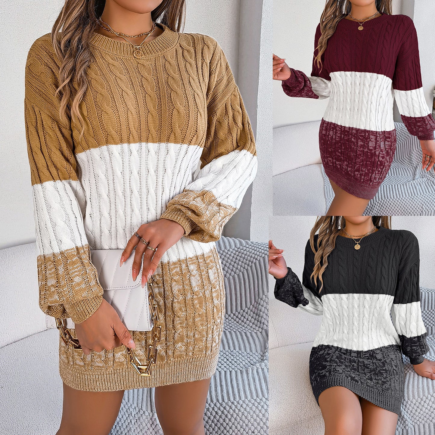 Women's Casual Multicolor Twist Lantern Sleeve Woolen Dress