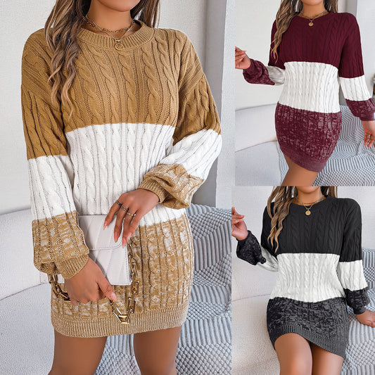 Women's Casual Multicolor Twist Lantern Sleeve Woolen Dress