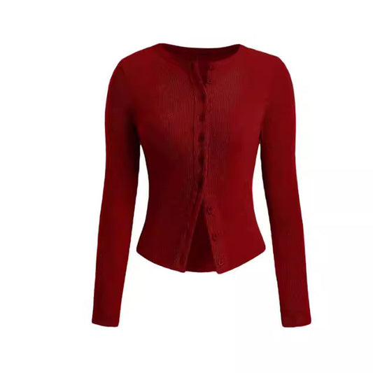 Autumn Solid Color Slim Fit Long Sleeves Buttoned Knitwear