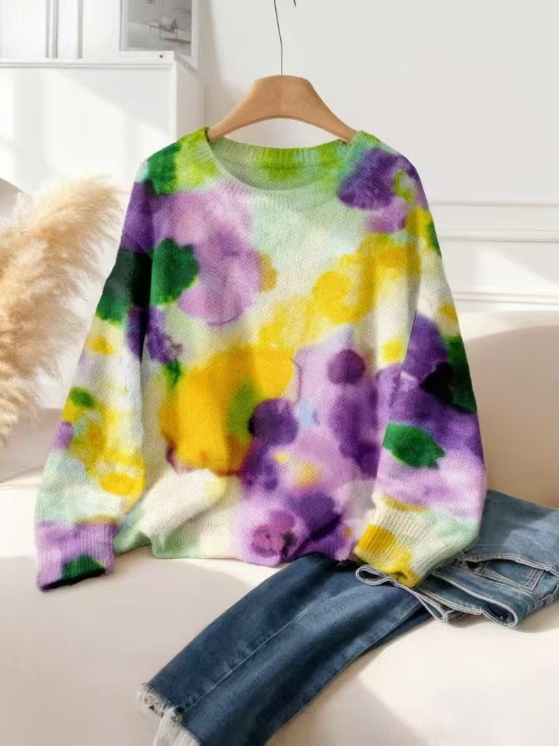 Women's Fashion Floral Print Casual Elegant Wear Match Round Neck Knitwear