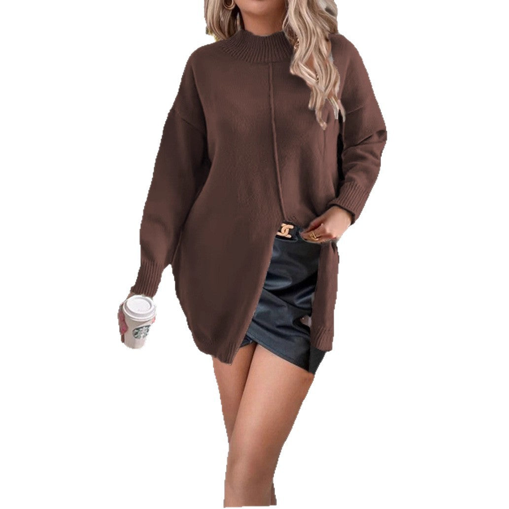 Half Turtleneck Solid Color Loose Split Women's Sweater