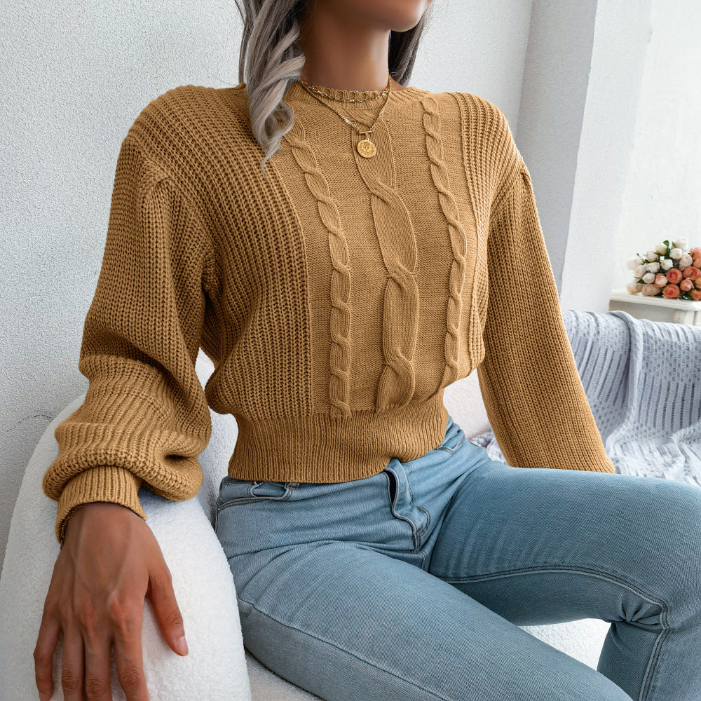Women's Wind Casual Twist Lantern Sleeve Waist Trimming Sweater