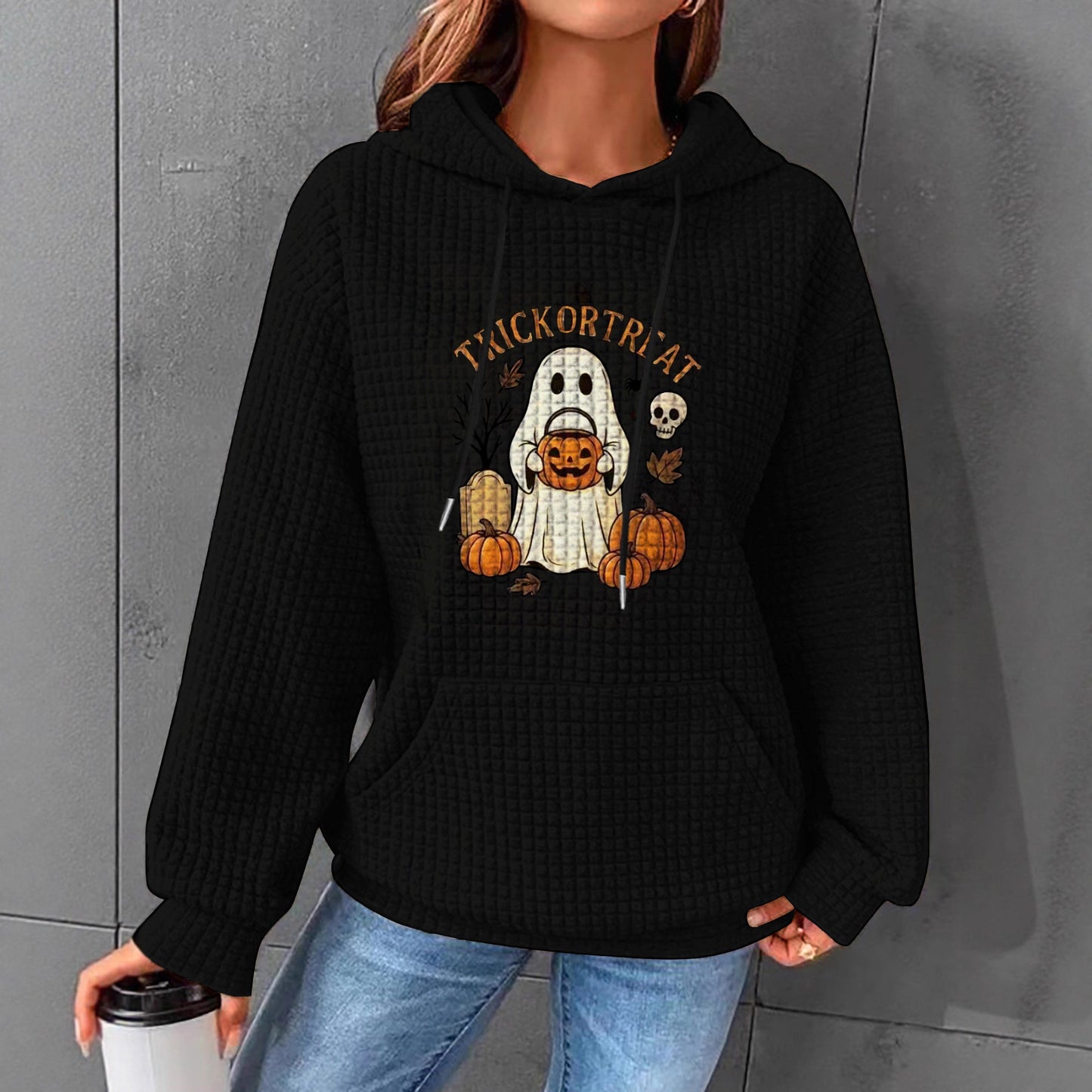 Women's Waffle Long Sleeve Pullover Halloween Printed Tops