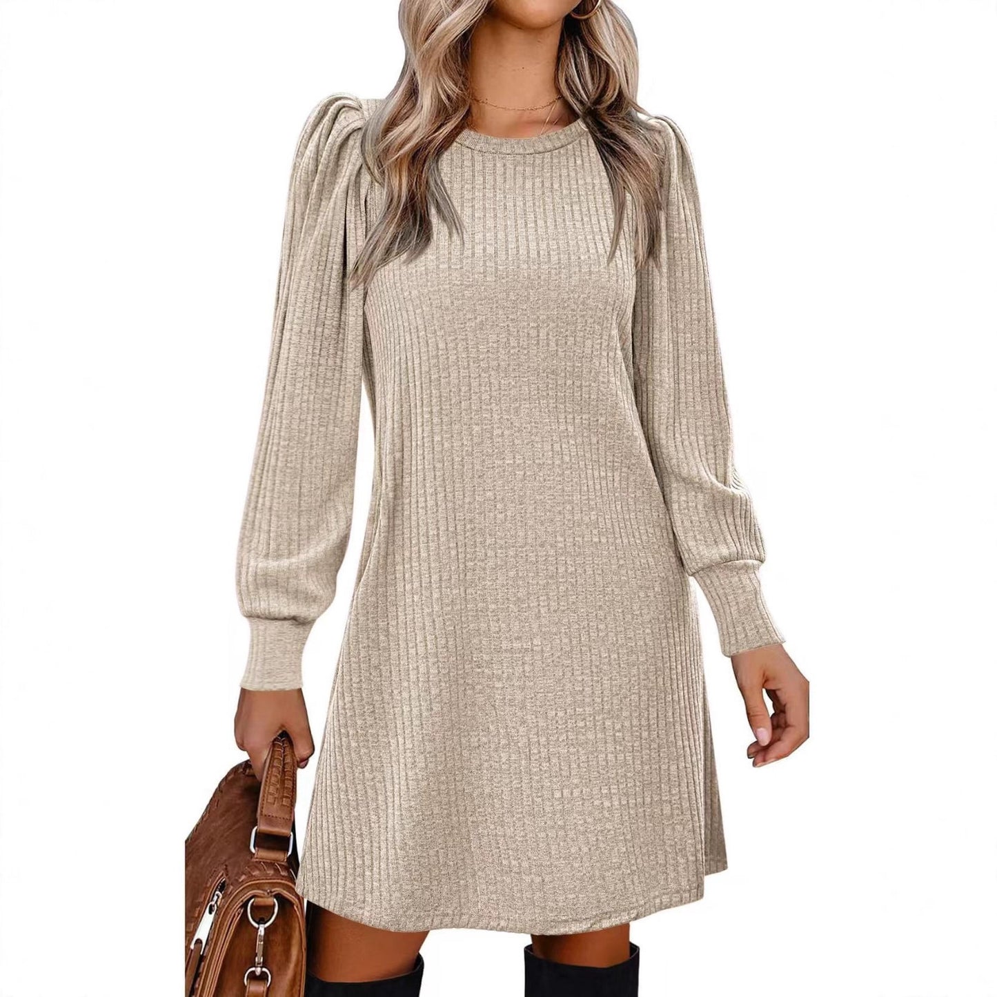 Women's Knitted Emerized Solid Color Round Neck Puff Dress