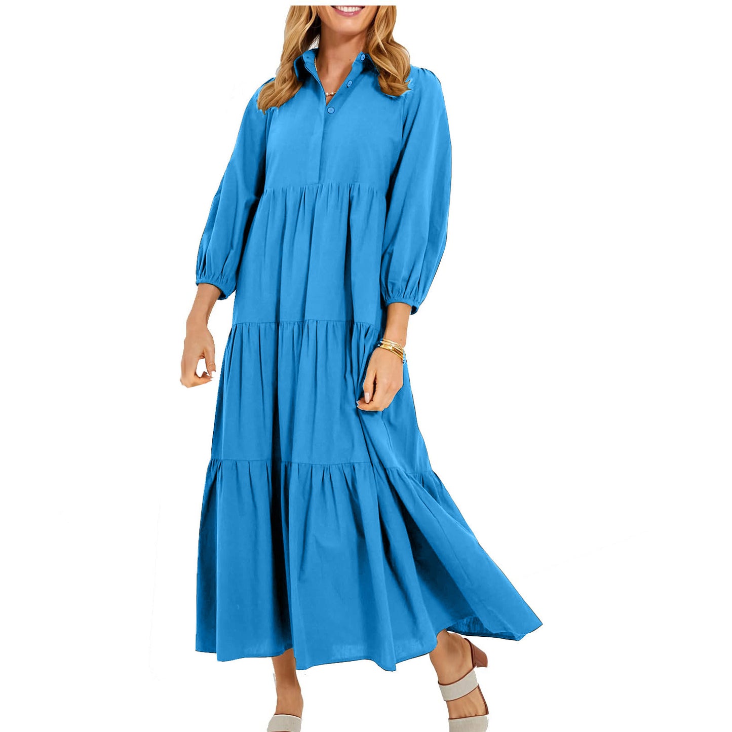 Women's Button Lapel Long Fashion Pullover High Waist Casual Solid Dress