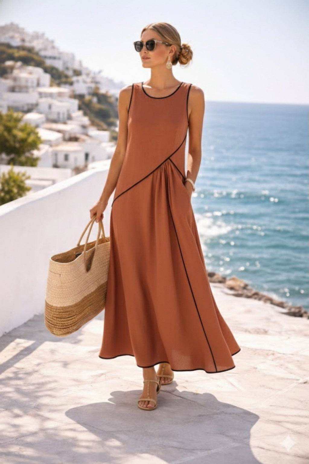 Women's Summer Mediterranean Vacation Style Contrast Color Binding Dress