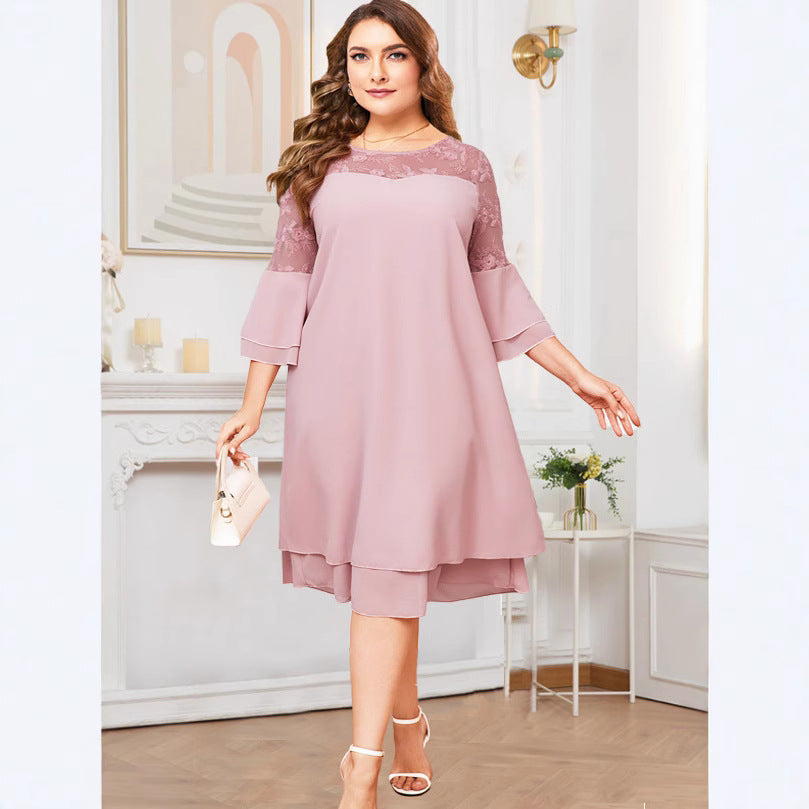 Women's Fashion Embroidery Stitching Dress Solid Color Dresses