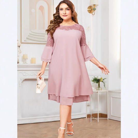 Women's Fashion Embroidery Stitching Dress Solid Color Dresses