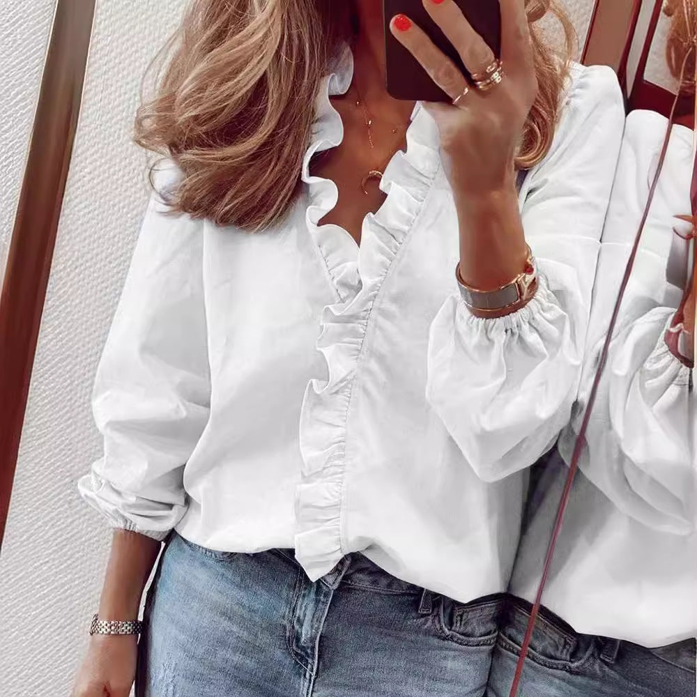 Women's Long Sleeve Pure Color Ruffles Shirt Blouses