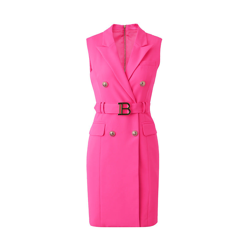 Waist Metal Buckle Elegant Slim Black Dresses