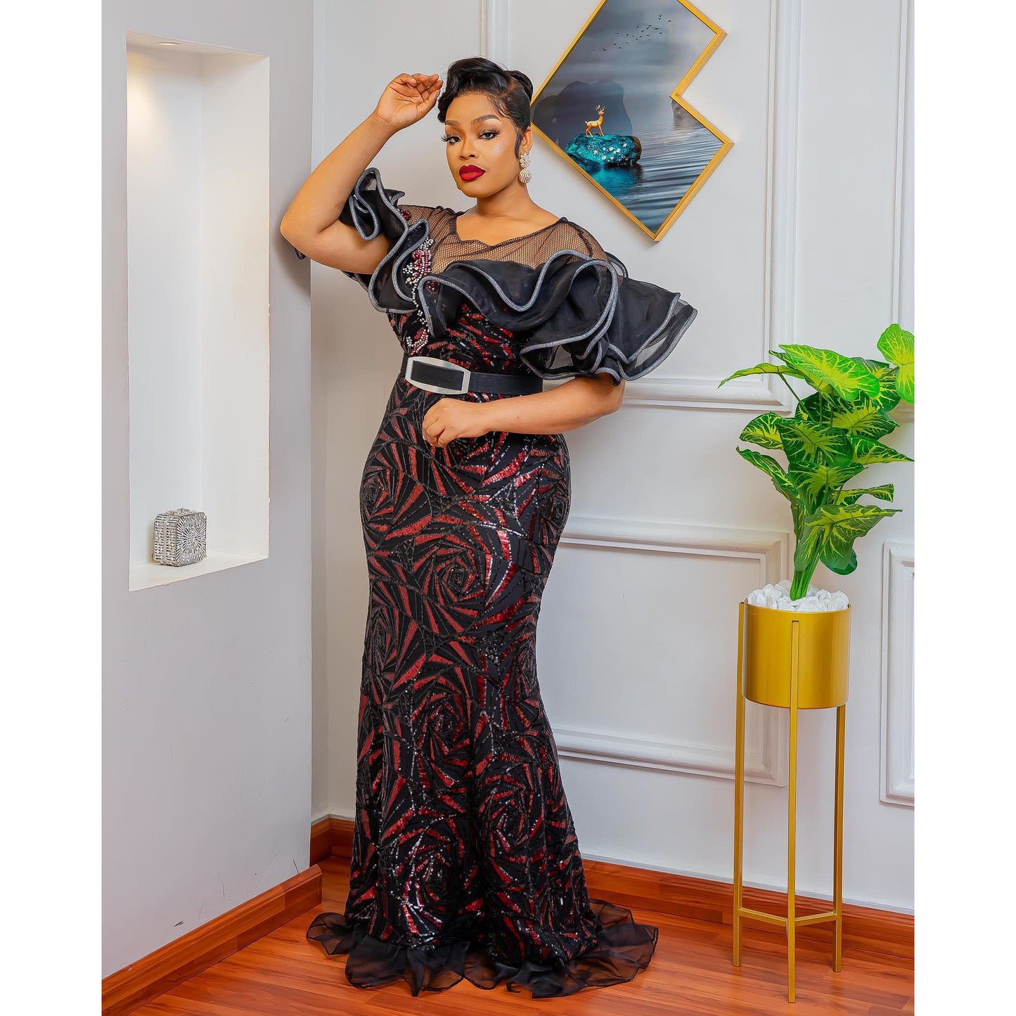 Women's Slim Fishtail Long Dress Off Shoulder Lotus Leaf Dresses