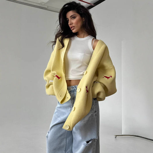 Women's Sausage Dog Embroidered Soft Glutinous Fabric Everyday Sweaters