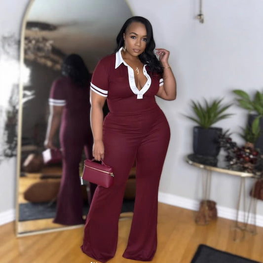 Women's Elegant Stretch Contrast Color Lapels Short-sleeved Jumpsuits