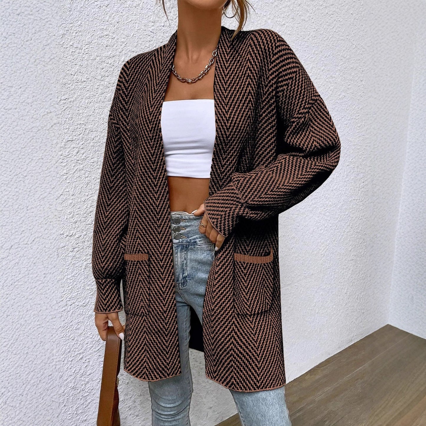 Women's Fashion Long Sleeve Knitted Pocket Shirt Loose Cardigans