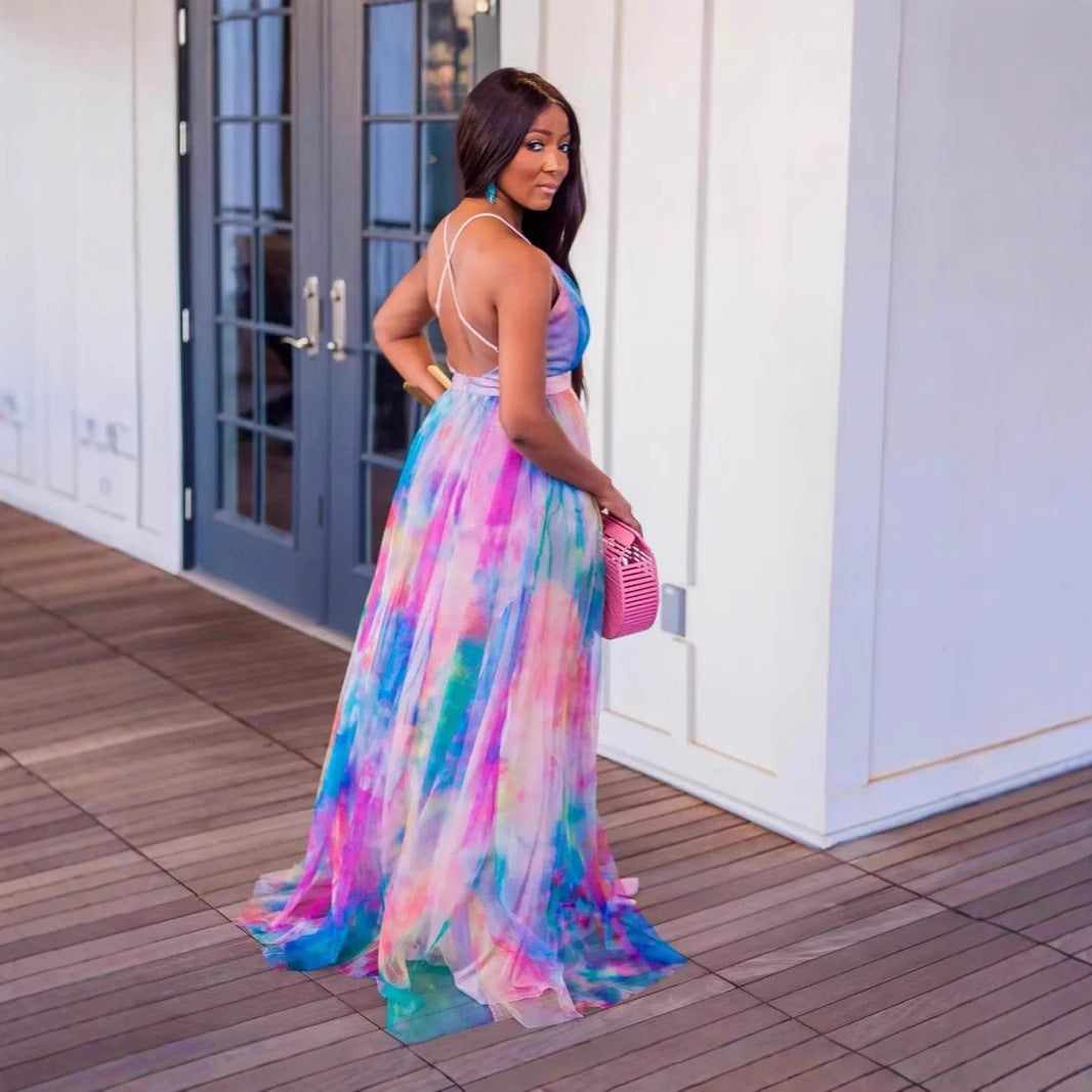Casual Fashion Rainbow Multicolor Brace Tulle Dress