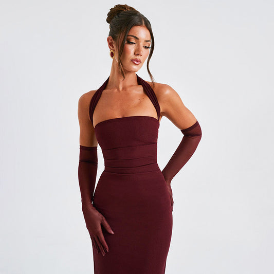 Women's Color Pleated Ribbon Backless Fashion Sexy Dresses