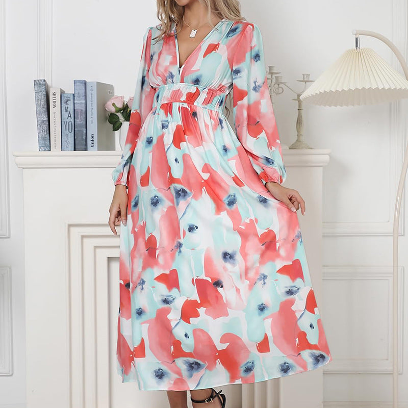 Women's Style Deep V Printed High Waist Casual Long Dresses