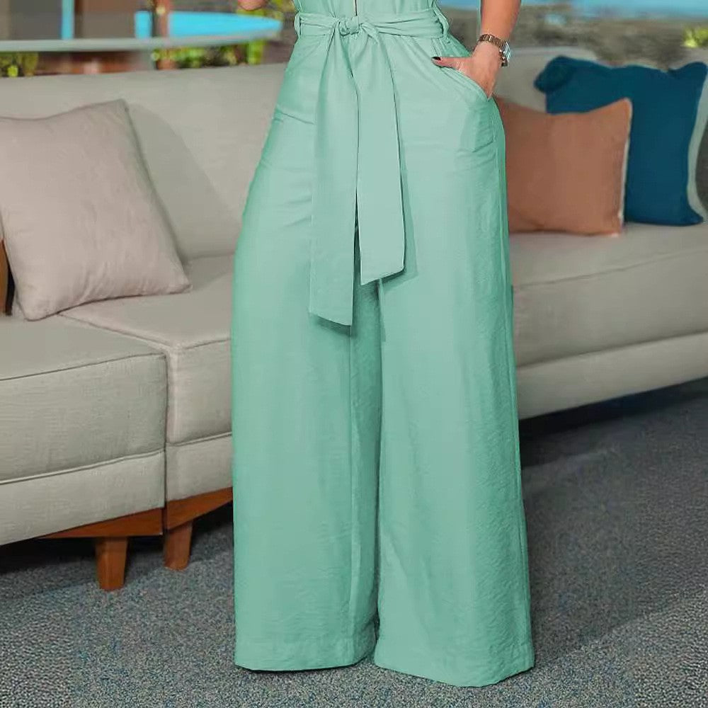 Women's Shirt Collar Sleeveless Solid Color Zipper Jumpsuits