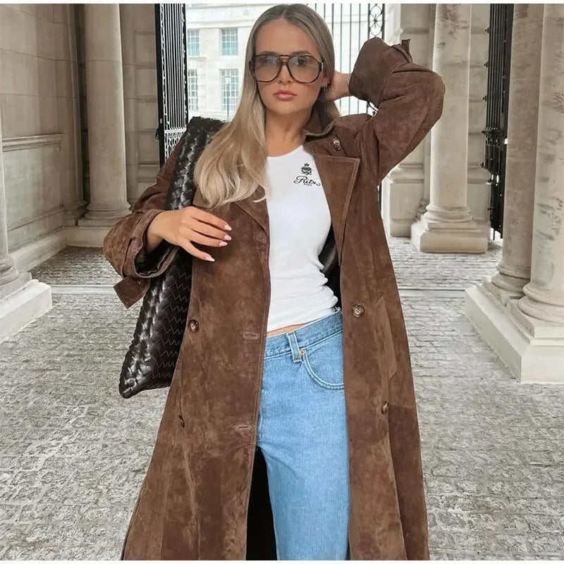 Women's Khaki Double-breasted Lapel Artificial Leather Fur Jackets