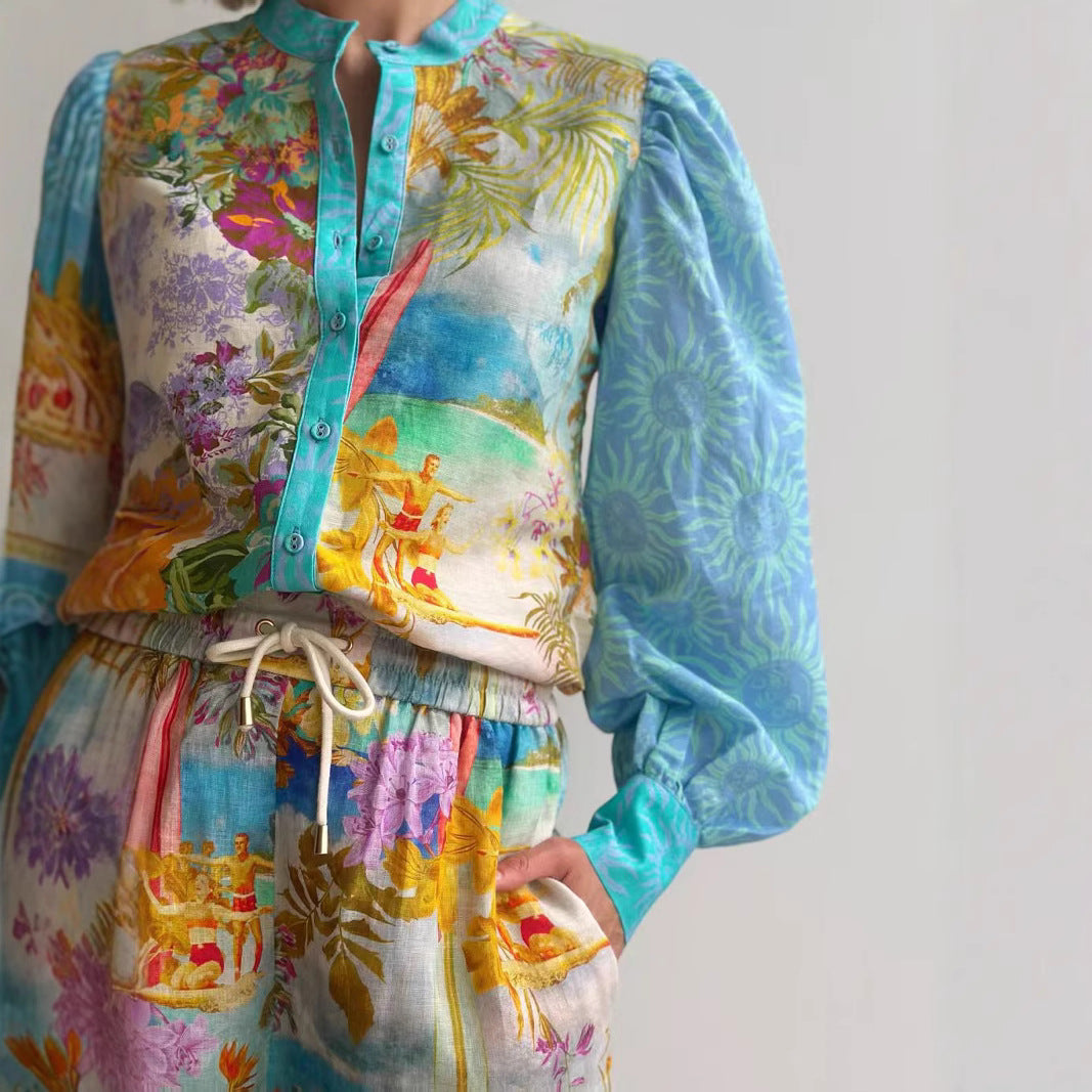 Durable Temperament Long Linen Sleeves Shirt Shorts