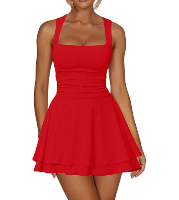 Women's Square Collar Waist Pleated Hem Mini Dress
