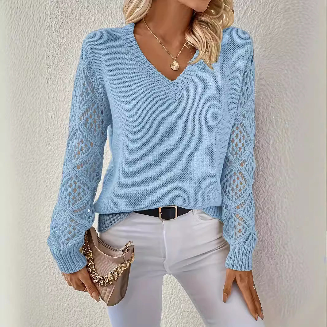 Women's Long Sleeve Hollow Out Pullover Crocheted Jacquard Loose-fitting Base Sweaters
