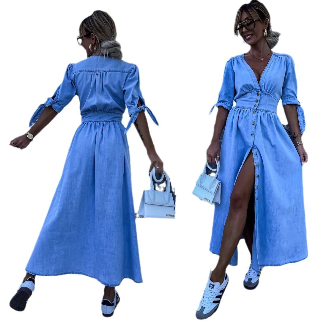 Women's Fashion Sexy Long Button Denim Dress Dresses