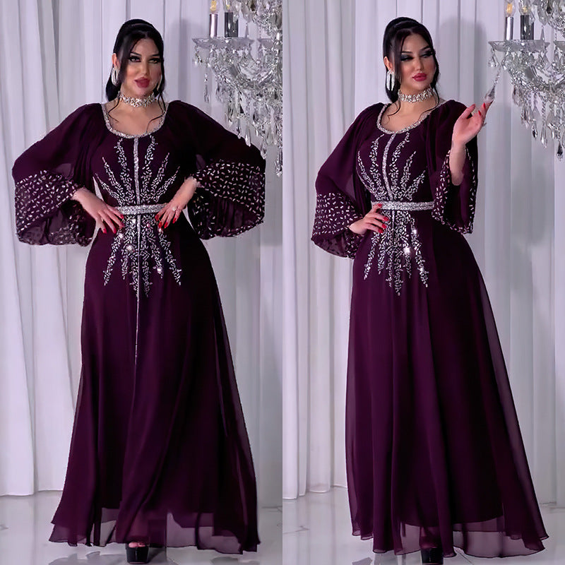 Women's Rhinestone Dress Chiffon Puff Sleeve Containing Dresses