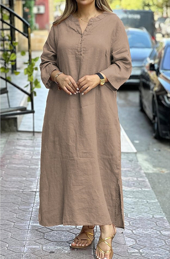 Cotton Linen Solid Color Long Sleeve Dress