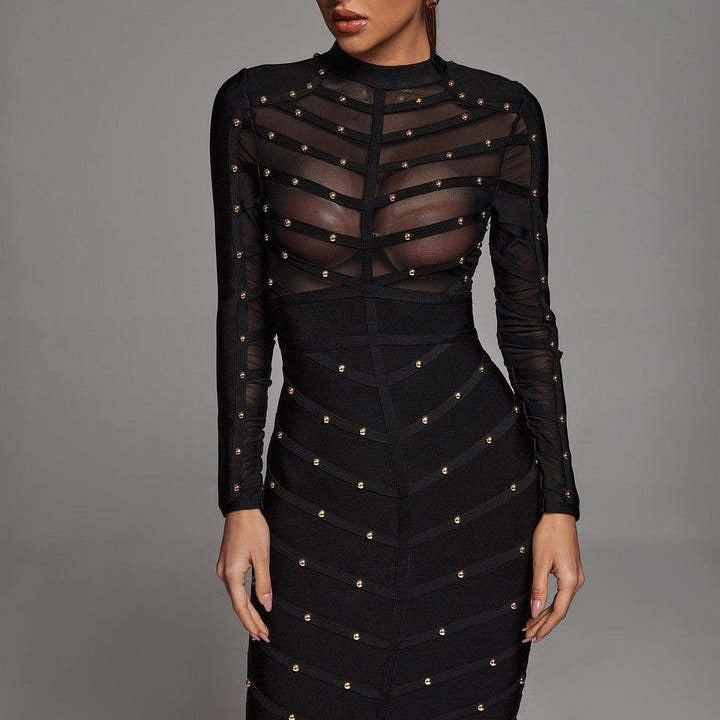 Women's Nail Mesh Long-sleeved Dress Bandage One-piece Dresses