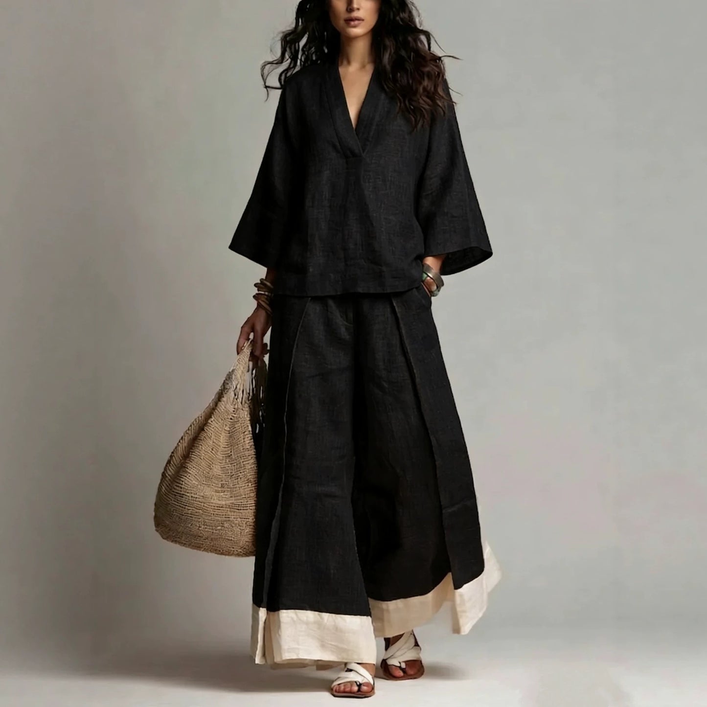 Women's Cotton Linen French Collar Sleeve Shirt Contrast Fashion Casual Suit