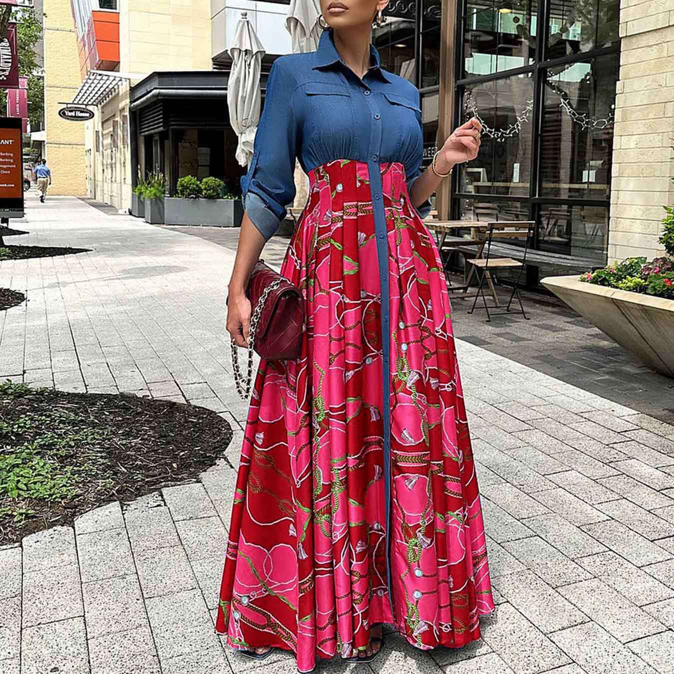 Women's Fashion Casual Denim Stitching Printing Long Dresses