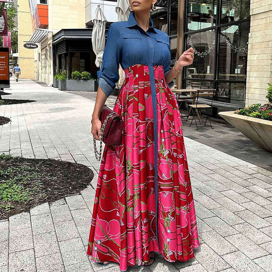 Women's Fashion Casual Denim Stitching Printing Long Dresses