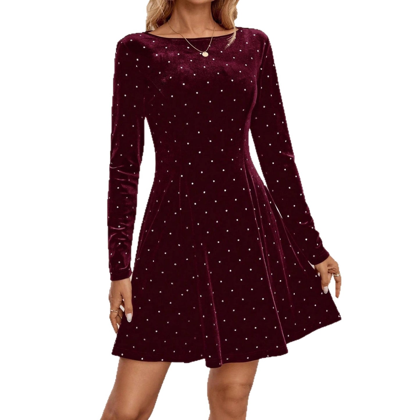 Retro Elegant Polka Dot Rhinestone Gold Veet Mini Waist Dress