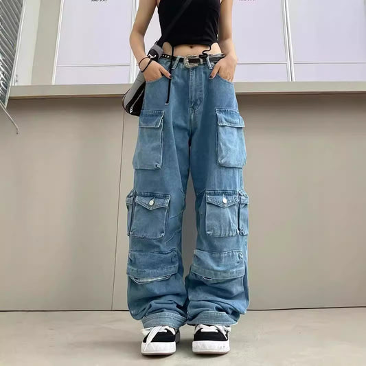 Street Hipster Fashion Smoky Gray Stitching Jeans